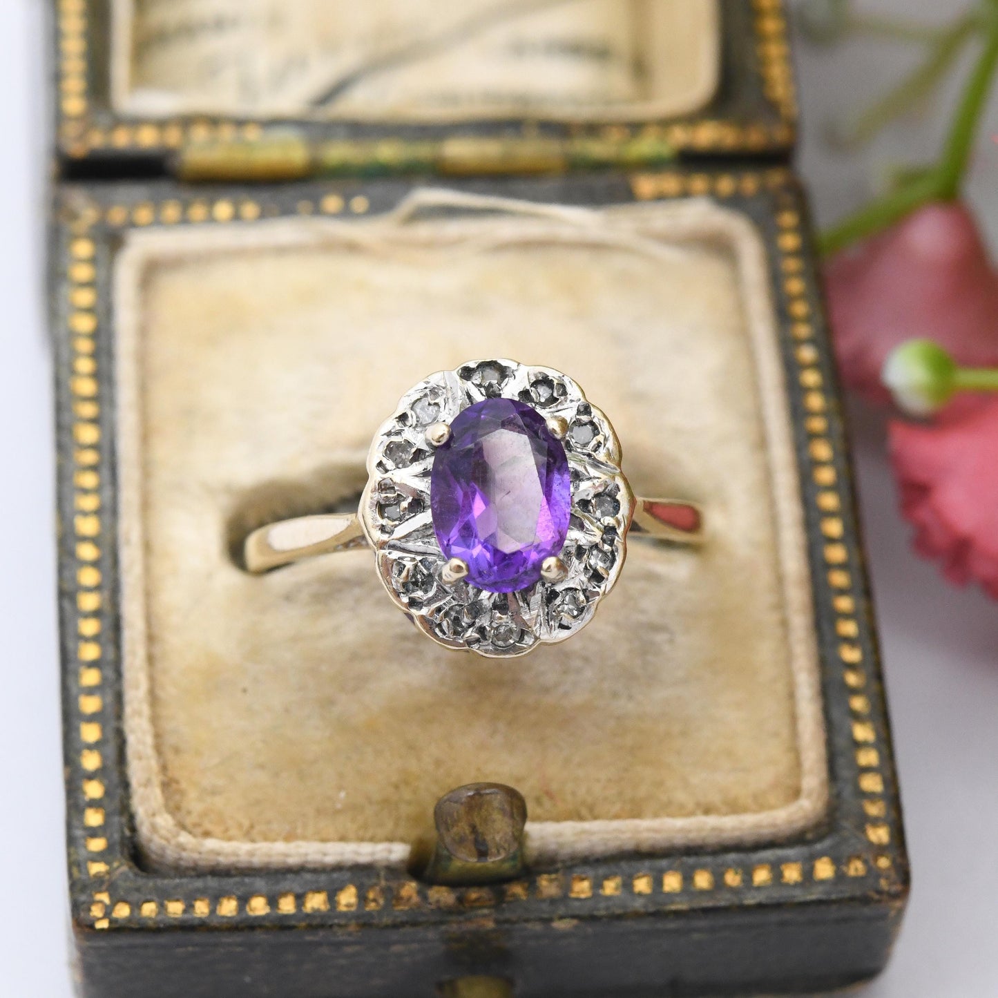 Vintage 9ct Gold Amethyst Diamond Halo Ring - Pretty Solid Gold Jewellery Gift Mid-Century Purple Halo | UK Size - K 1/2 | US Size - 5 1/2