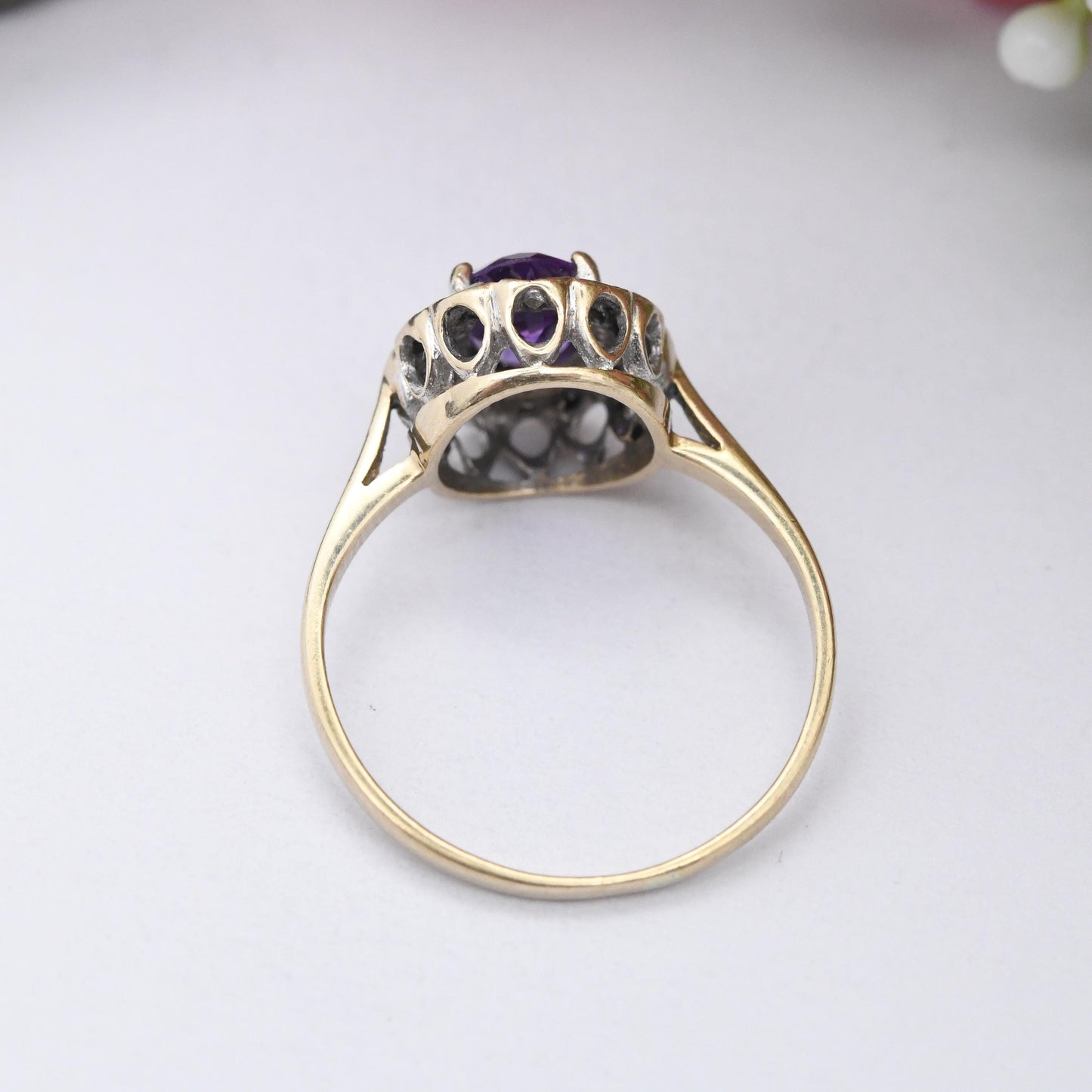 Vintage 9ct Gold Amethyst Diamond Halo Ring - Pretty Solid Gold Jewellery Gift Mid-Century Purple Halo | UK Size - K 1/2 | US Size - 5 1/2