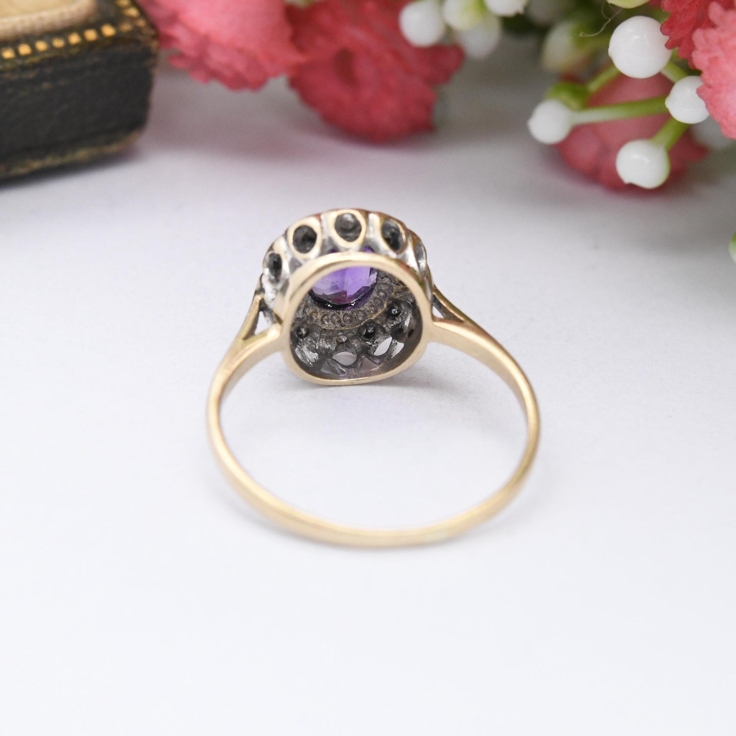 Vintage 9ct Gold Amethyst Diamond Halo Ring - Pretty Solid Gold Jewellery Gift Mid-Century Purple Halo | UK Size - K 1/2 | US Size - 5 1/2