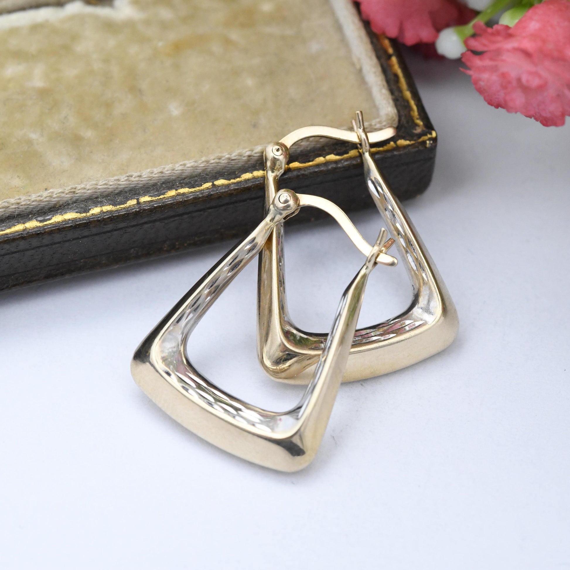 Vintage 9ct Gold Square Hoop Earrings Textured Design Handbag Creole Hoops - Minimal Hollow Hoops | Pretty Gold Jewellery Gift for Her