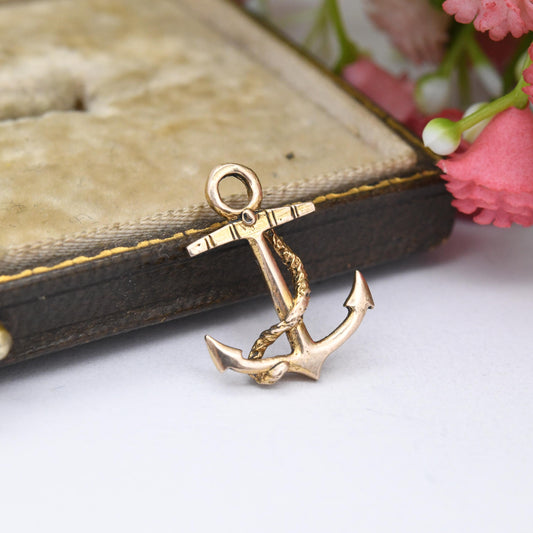 Vintage 9ct Gold Anchor Charm Pendant 1979 - Hope's Anchor Victorian Symbol Rope Twist Detail | Solid Gold Detailed Pendant for Necklace