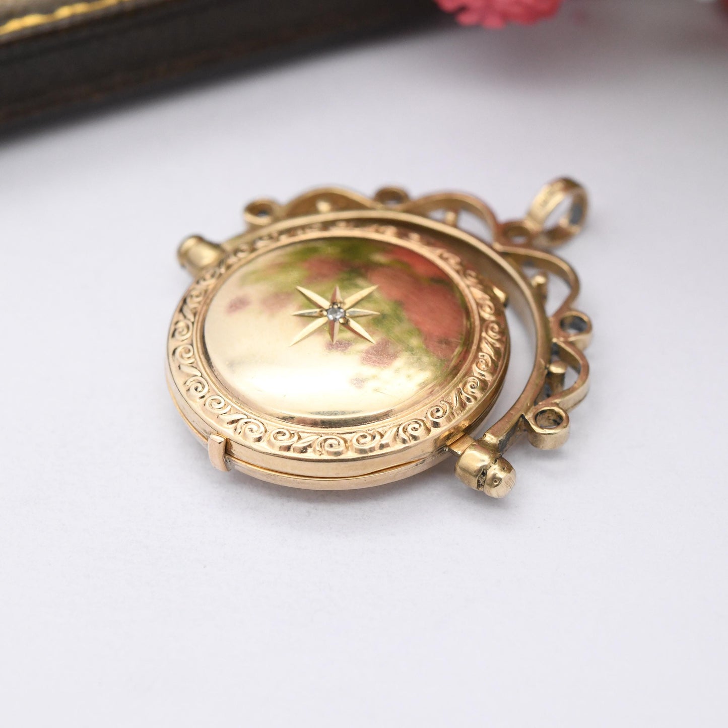 Vintage 9ct Gold Locket Spinning Fob Pendant with Star Set Diamond - Mid-Century Victorian Revival Jewellery Ornate Border Design Two Photos