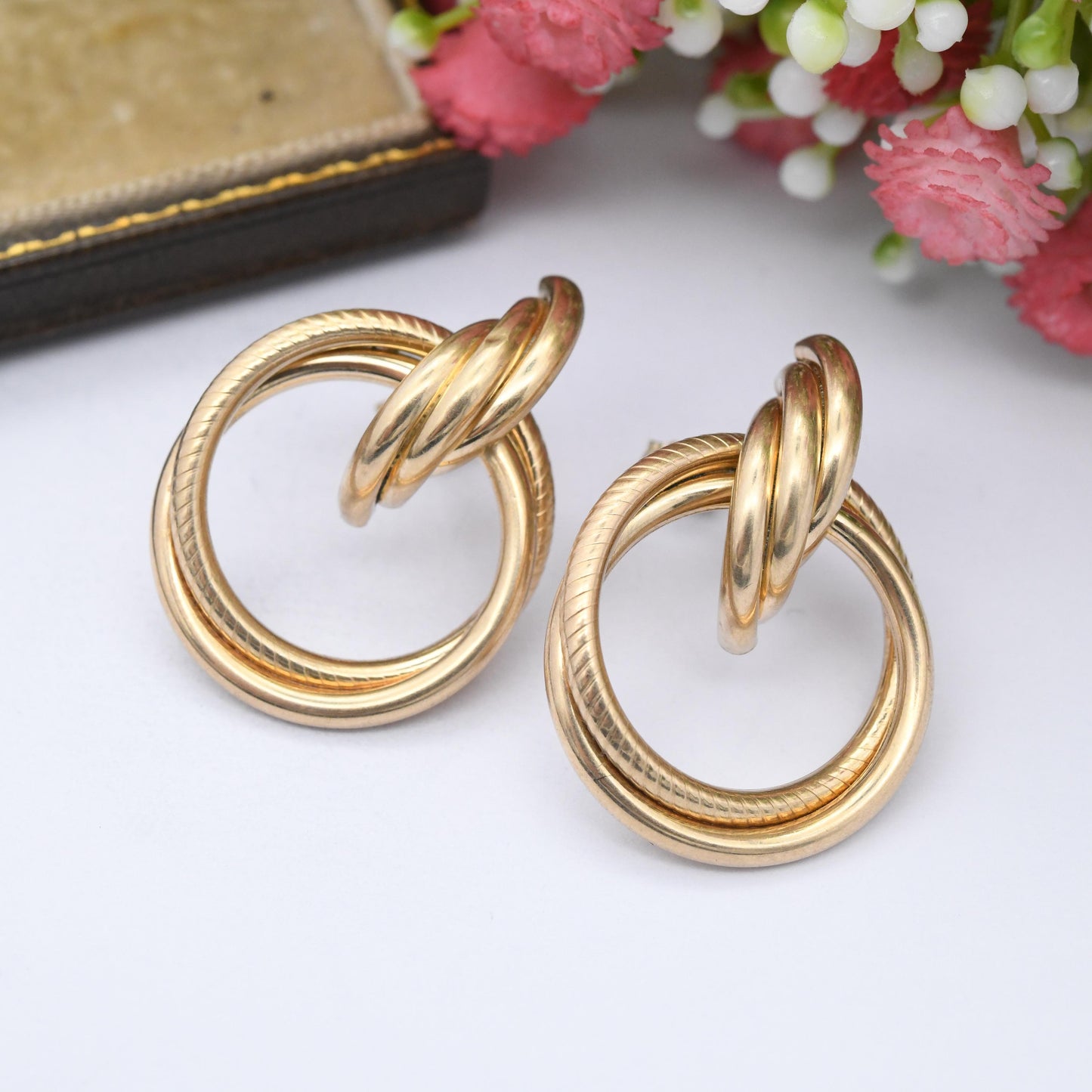 Vintage 9ct Gold Twist Front Facing Hoop Stud Earrings - Large Chunky Hollow Gold Studs Crossed Rings | Butterfly Backs | Hallmarked Gold