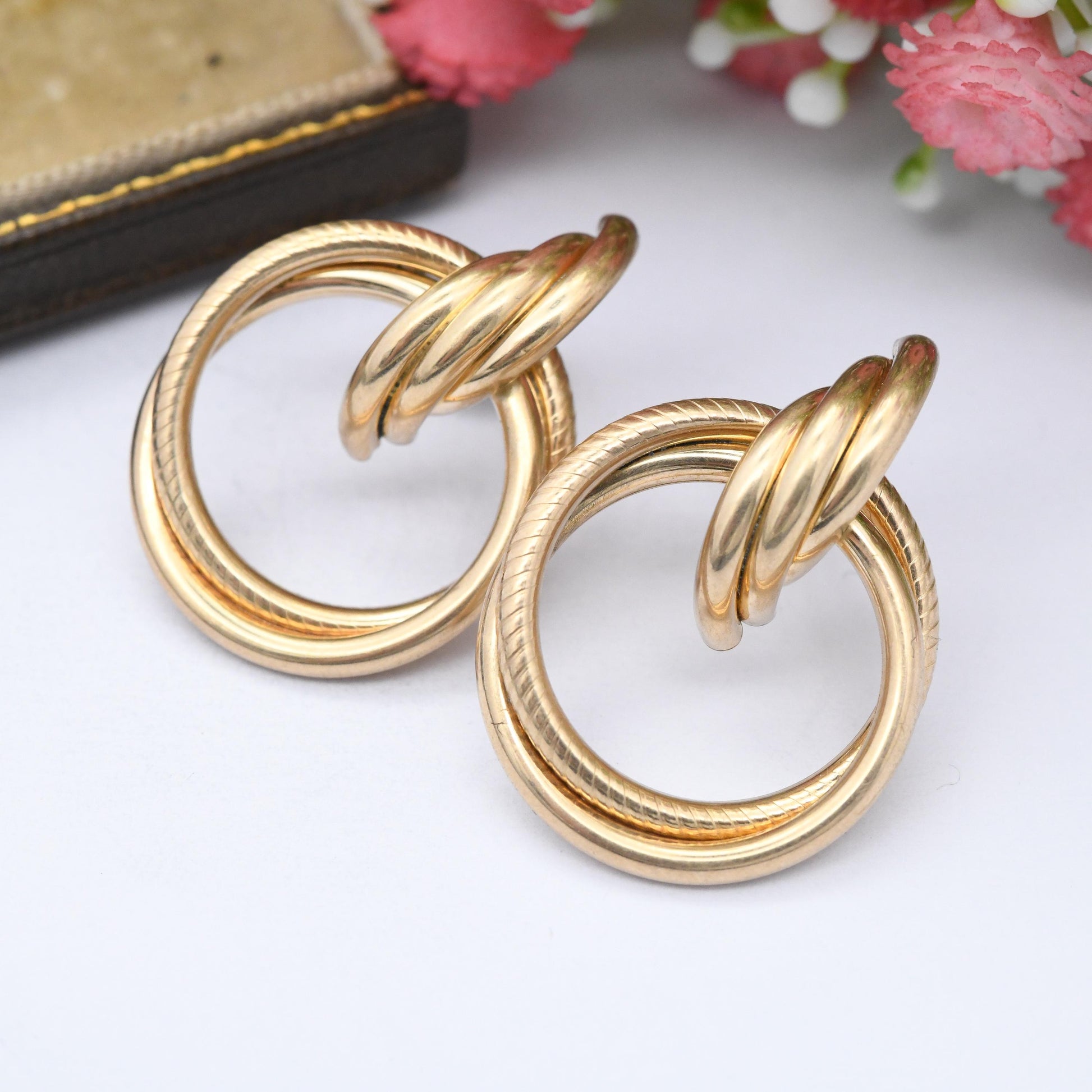 Vintage 9ct Gold Twist Front Facing Hoop Stud Earrings - Large Chunky Hollow Gold Studs Crossed Rings | Butterfly Backs | Hallmarked Gold