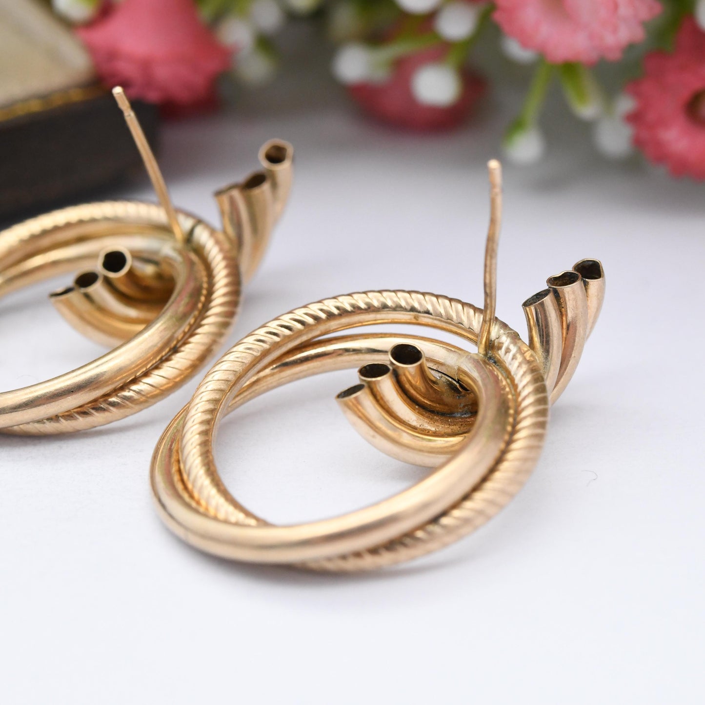 Vintage 9ct Gold Twist Front Facing Hoop Stud Earrings - Large Chunky Hollow Gold Studs Crossed Rings | Butterfly Backs | Hallmarked Gold