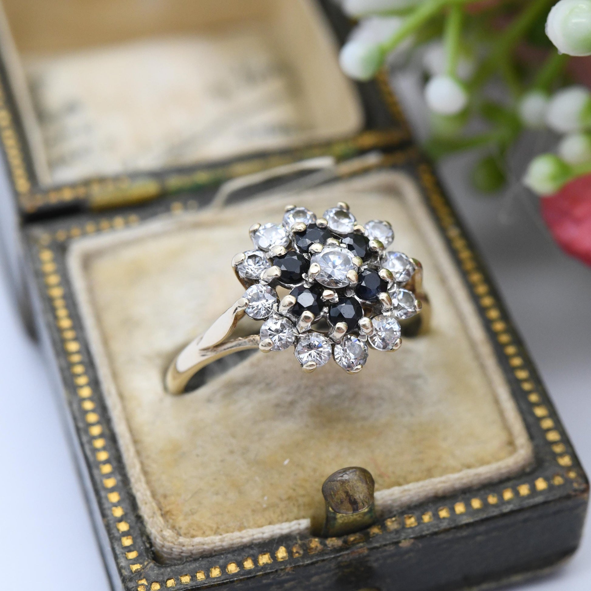 Vintage 9ct Gold Sapphire CZ Halo Cluster Ring - Blue Stone and Clear Cubic Zirconia Cocktail Statement Ring | UK Size - M | US Size - 6