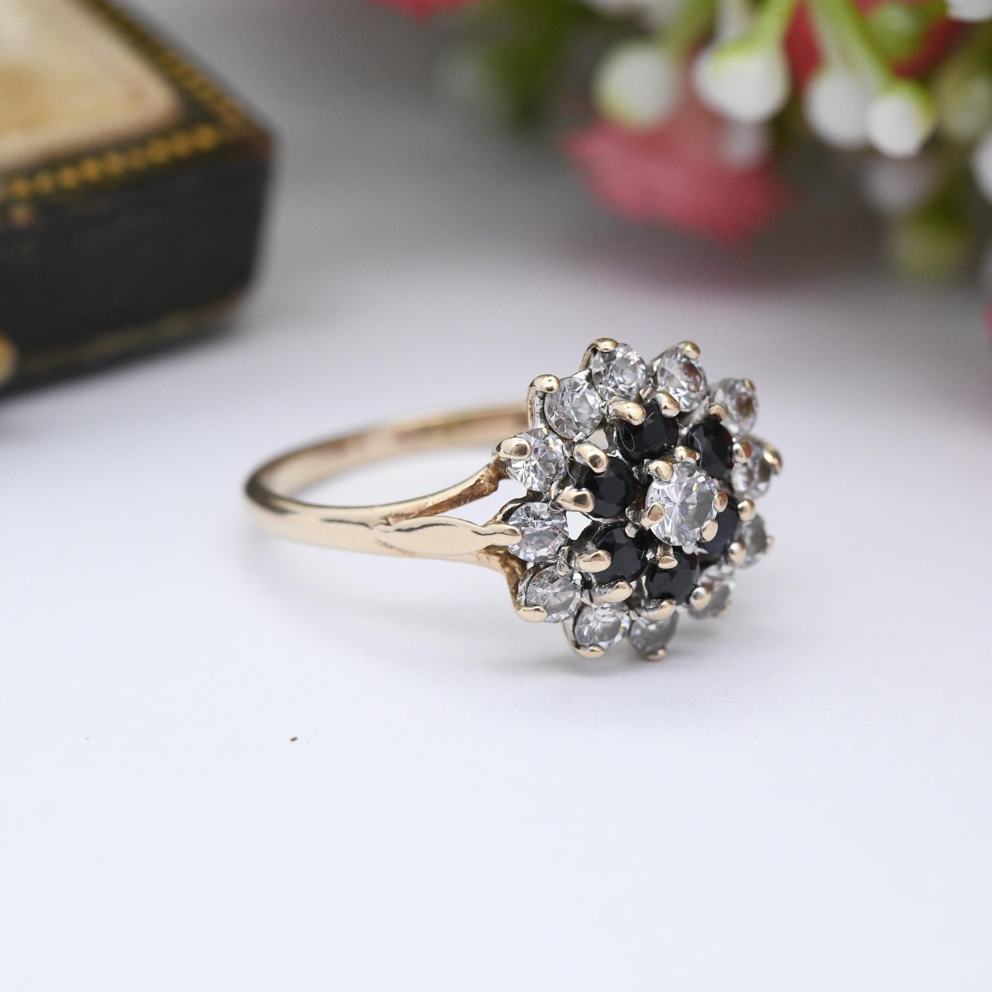 Vintage 9ct Gold Sapphire CZ Halo Cluster Ring - Blue Stone and Clear Cubic Zirconia Cocktail Statement Ring | UK Size - M | US Size - 6