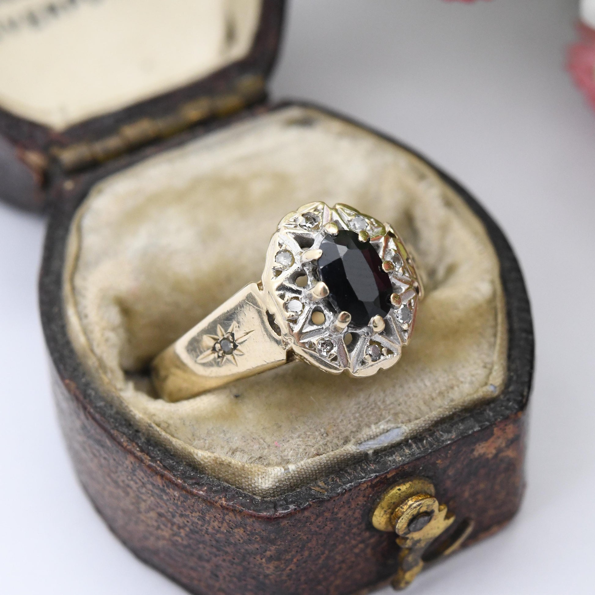 Vintage 9ct Gold Diamond Sapphire Halo Ring 1993 - Statement Cocktail Deep Blue Engagement Ring Gift | UK Size - L | US Size - 5 3/4