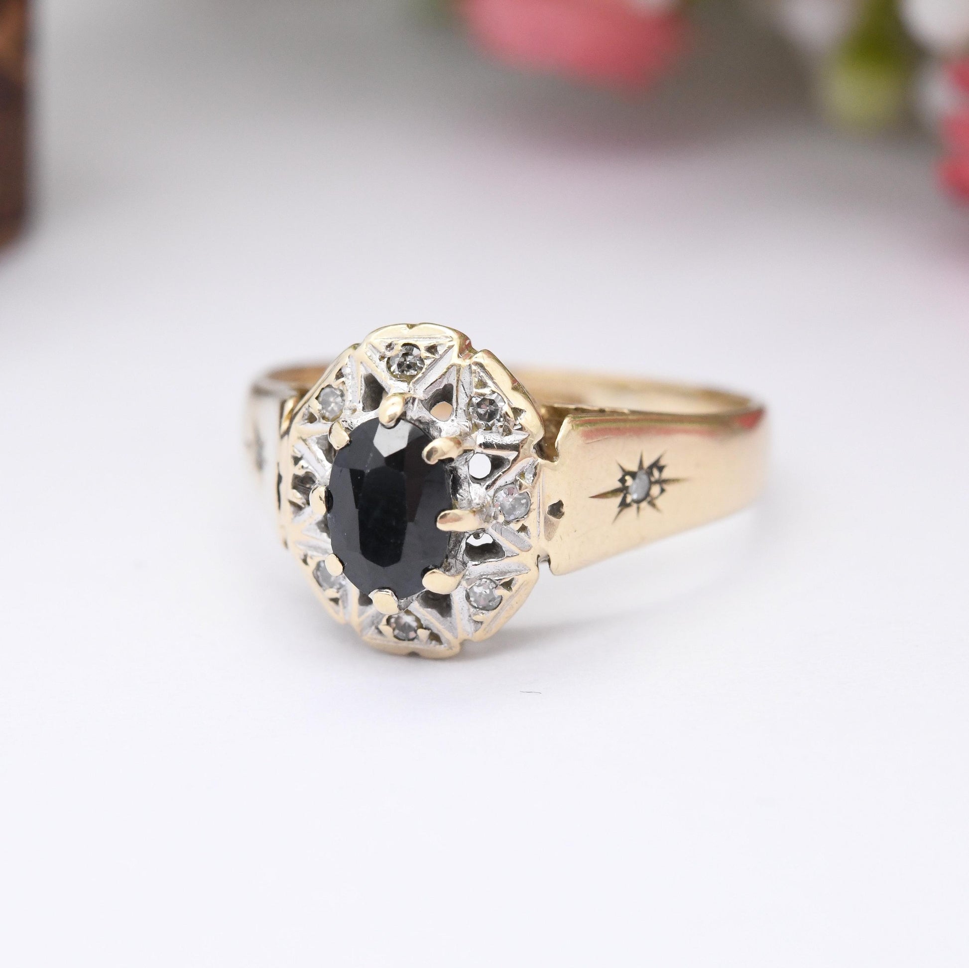 Vintage 9ct Gold Diamond Sapphire Halo Ring 1993 - Statement Cocktail Deep Blue Engagement Ring Gift | UK Size - L | US Size - 5 3/4