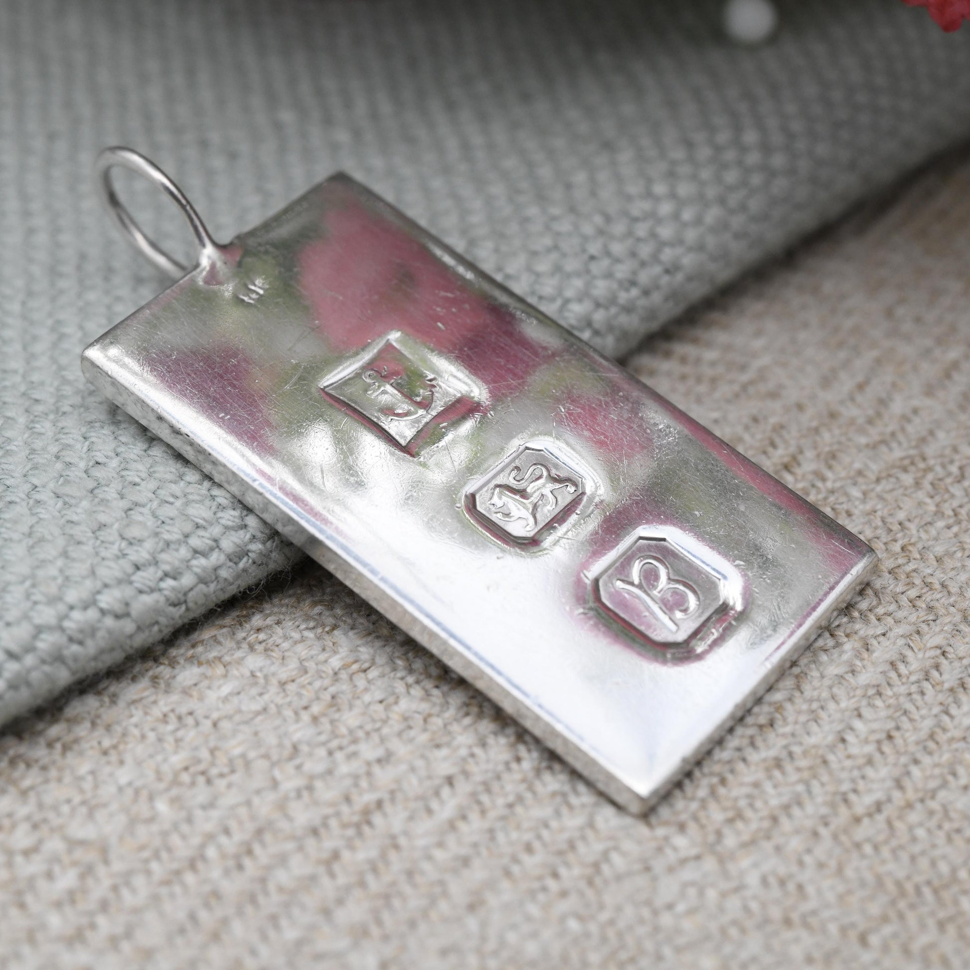 Vintage Sterling Silver Ingot Pendant 1976 Flat Rectangle Shape - Hallmarked in Birmingham | Mid-Century Necklace | Anchor Lion Stamps