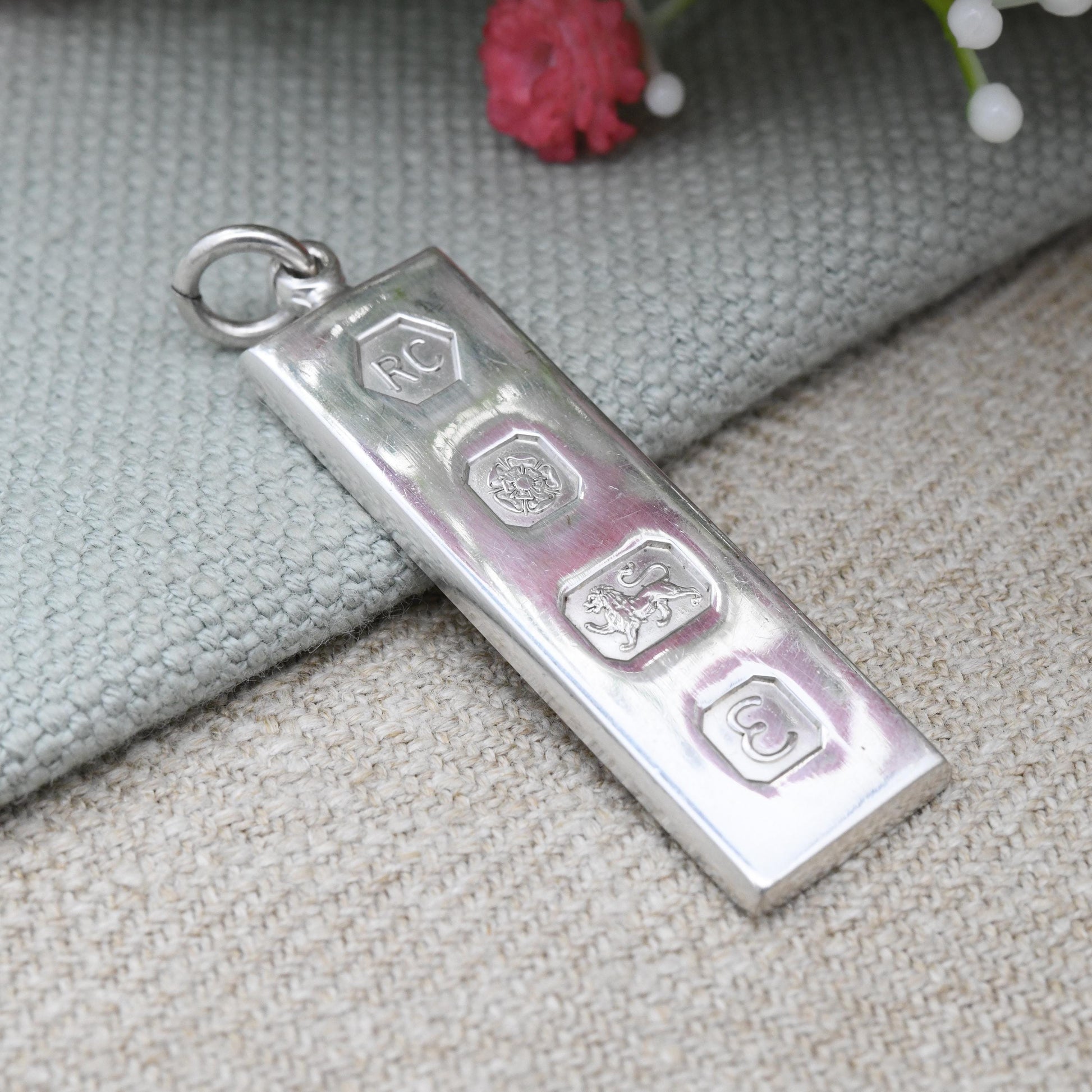 Vintage Sterling Silver Ingot Pendant 1979 RC Carrs of Sheffield - Solid Silver Mid-Century Necklace Charm | Clear UK Hallmarks England