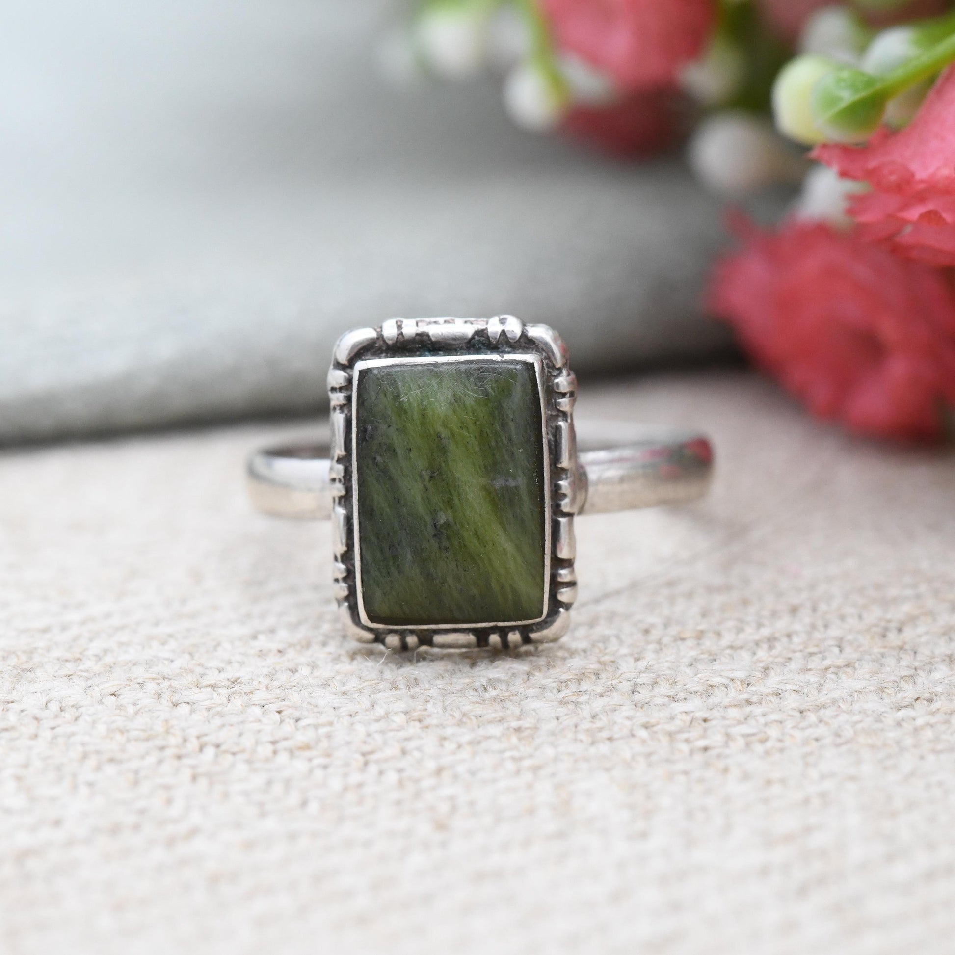 Vintage Sterling Silver Connemara Marble Ring - Collectable Irish Green Stone Jewellery | Dublin Import Hallmark | UK Size - N 1/2 | US - 7