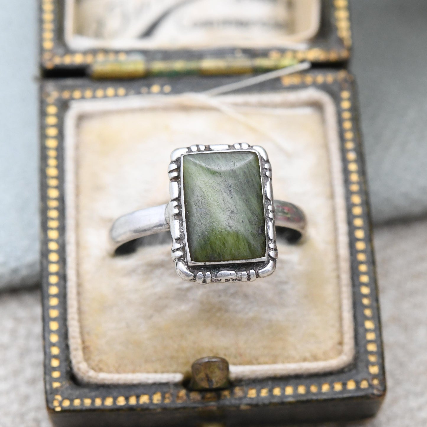 Vintage Sterling Silver Connemara Marble Ring - Collectable Irish Green Stone Jewellery | Dublin Import Hallmark | UK Size - N 1/2 | US - 7