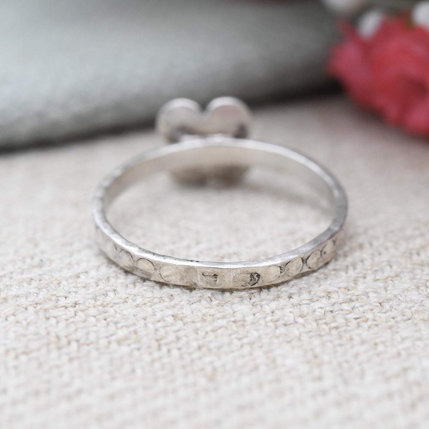 Vintage Polish Silver Turquoise Flower Ring - Mid-Century Textured Jewellery Pretty Silver Gift for Her | UK Size - N | US Size - 6 3/4
