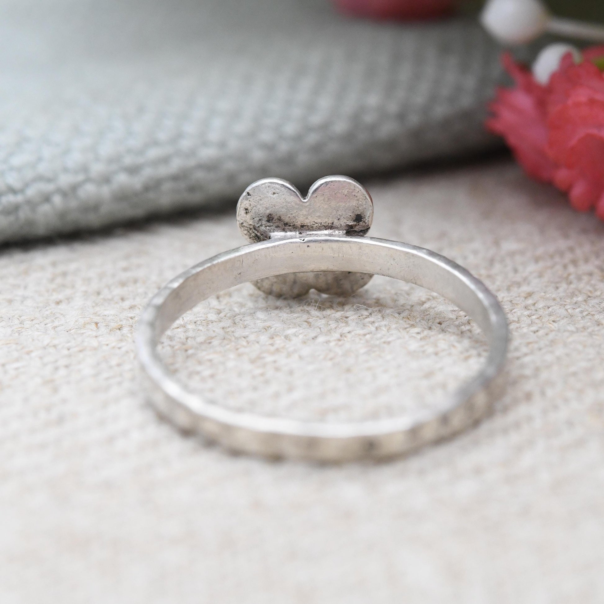 Vintage Polish Silver Turquoise Flower Ring - Mid-Century Textured Jewellery Pretty Silver Gift for Her | UK Size - N | US Size - 6 3/4
