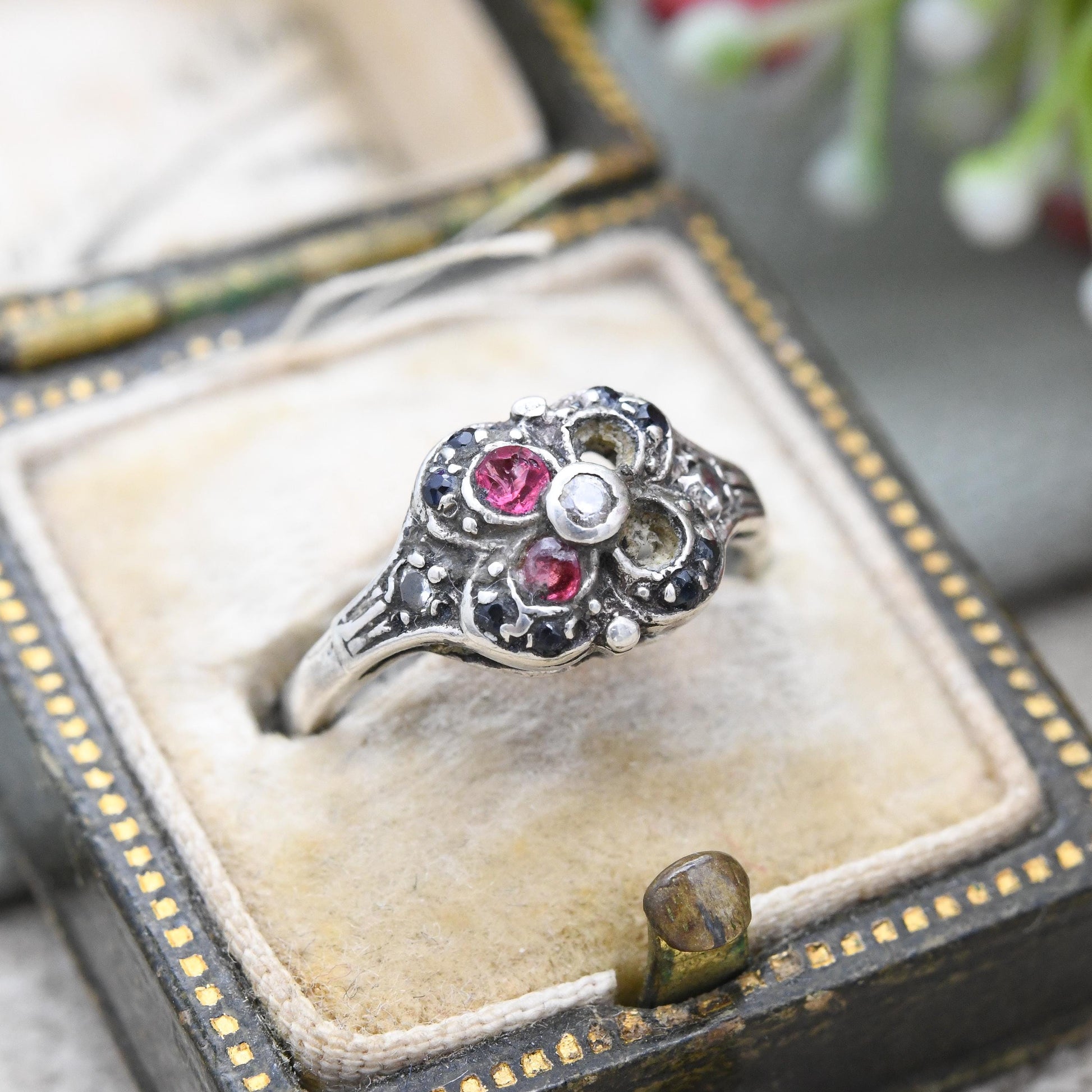 Vintage Sterling Silver Statement Ring 1985 - with Pink Blue Clear Stones | Quatrefoil Shape | UK Size - H | US Size - 3 3/4