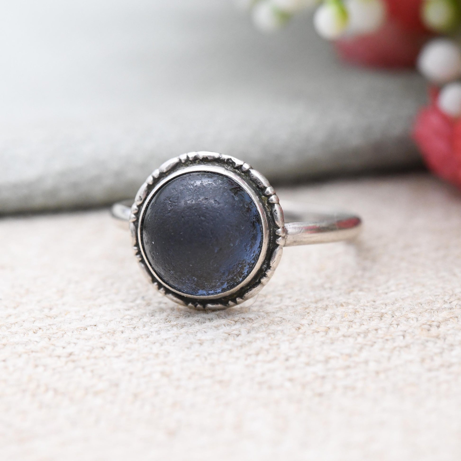 Vintage Sterling Silver Butterfly Wing Ring - Art Deco 1930s 1940s Blue Wing Statement Ring Round Cabochon | UK Size - P | US Size - 7 1/2