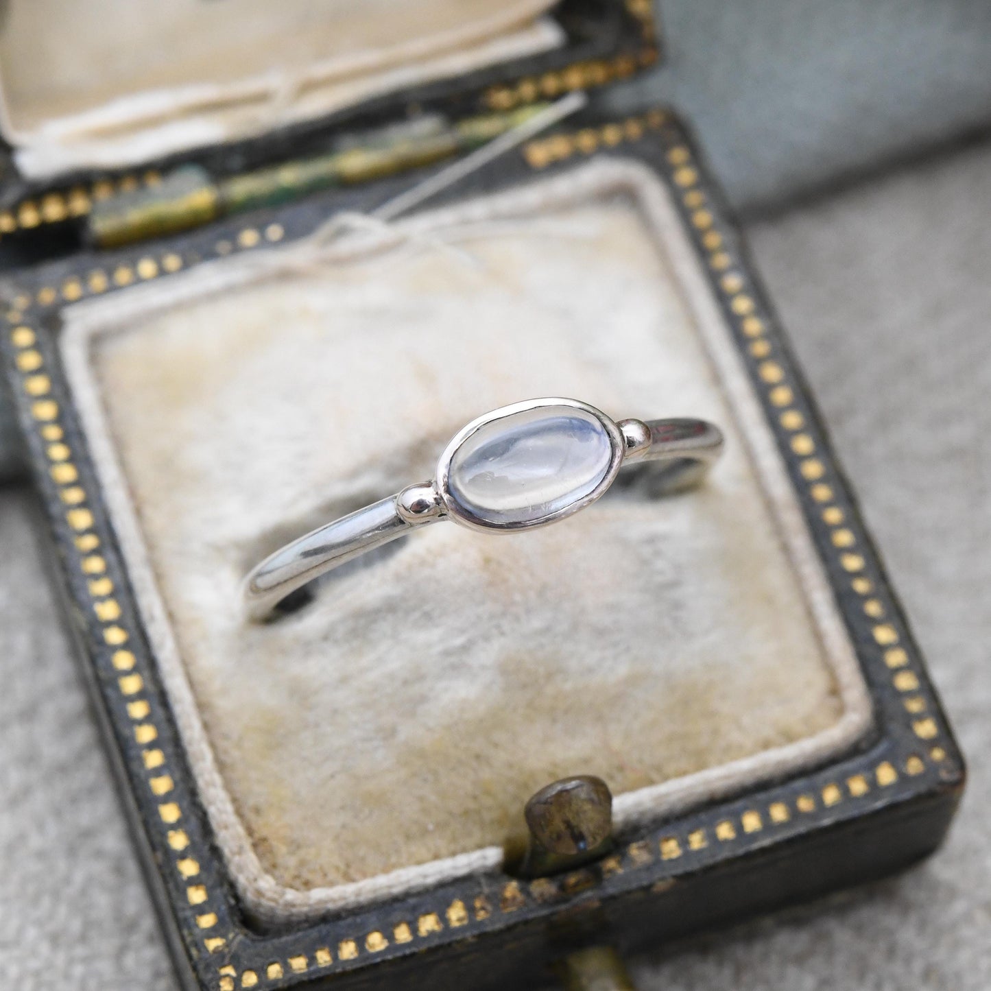Vintage Sterling Silver Moonstone Ring Gold Plated Balls - Delicate Minimal Design Cabochon Gemstone Stacker | UK Size - N | US Size - 6 3/4