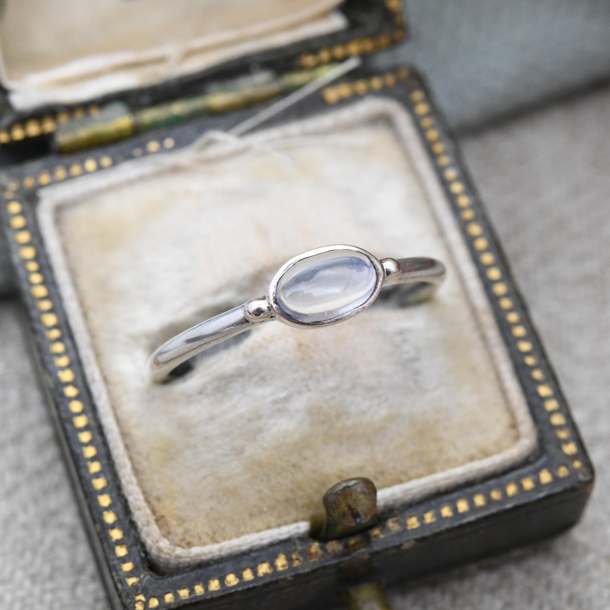 Vintage Sterling Silver Moonstone Ring Gold Plated Balls - Delicate Minimal Design Cabochon Gemstone Stacker | UK Size - N | US Size - 6 3/4