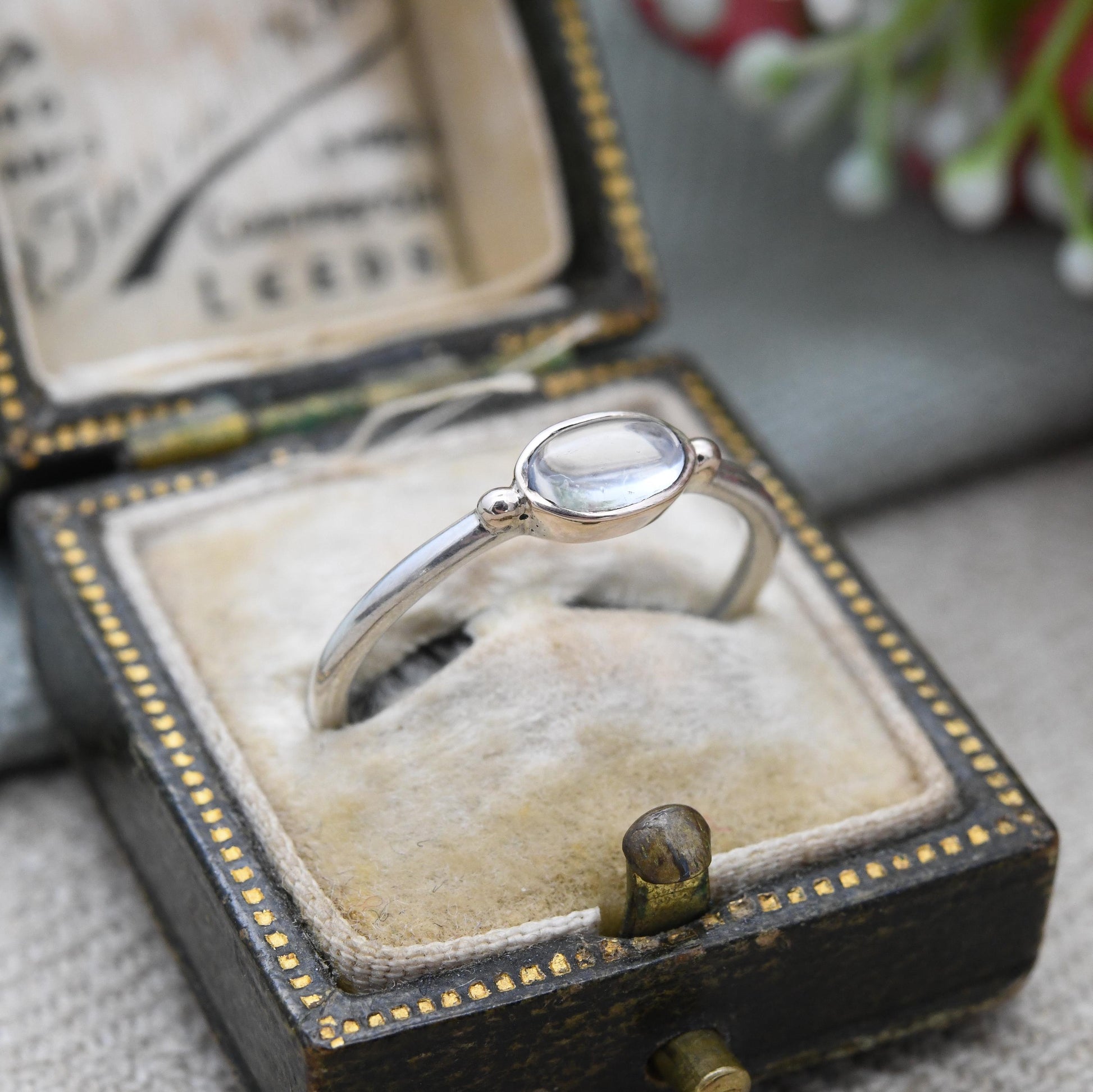 Vintage Sterling Silver Moonstone Ring Gold Plated Balls - Delicate Minimal Design Cabochon Gemstone Stacker | UK Size - N | US Size - 6 3/4