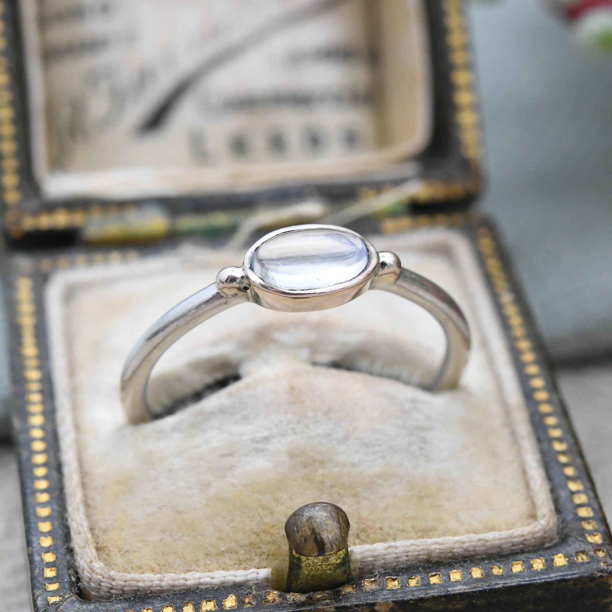 Vintage Sterling Silver Moonstone Ring Gold Plated Balls - Delicate Minimal Design Cabochon Gemstone Stacker | UK Size - N | US Size - 6 3/4