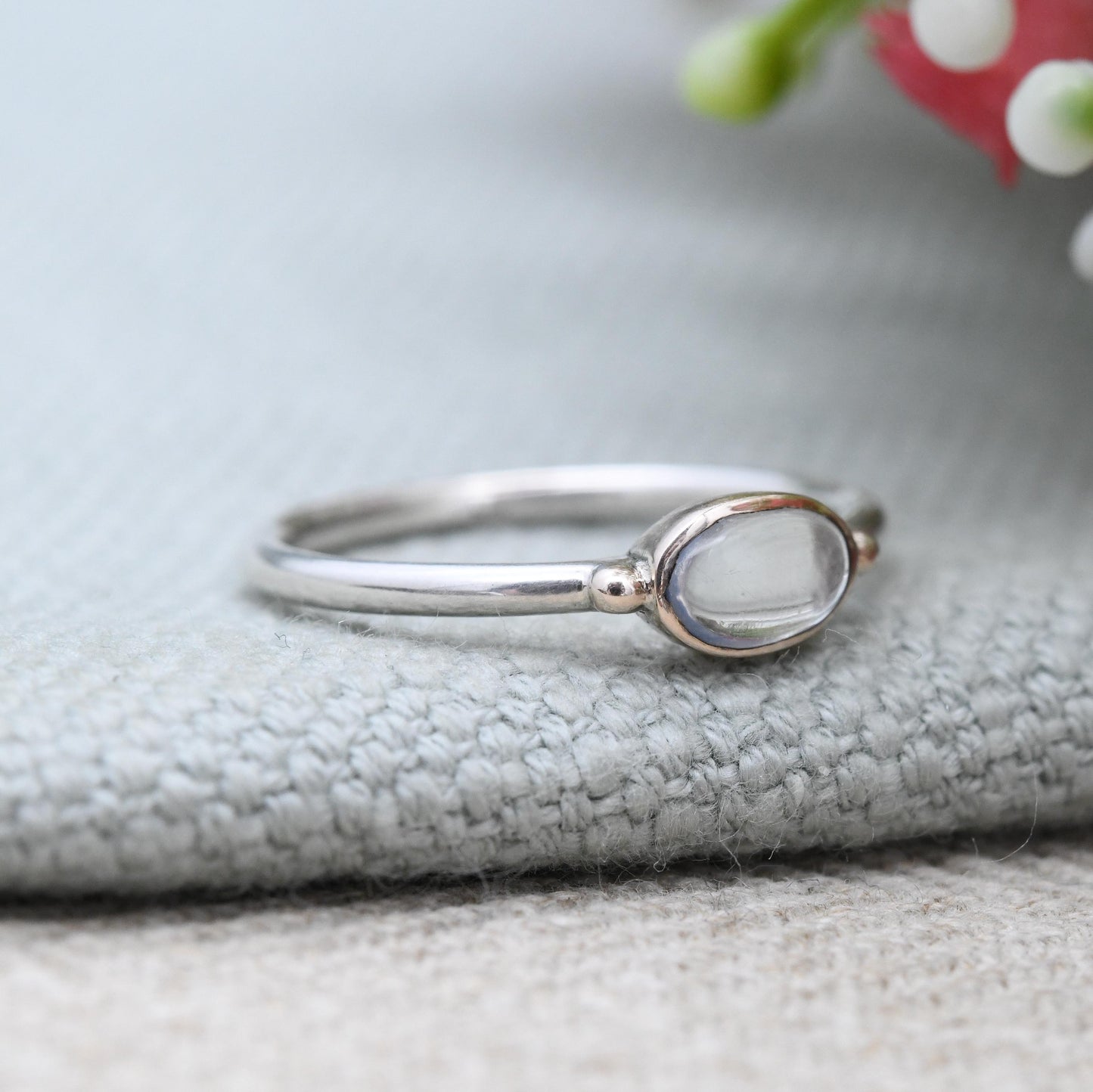 Vintage Sterling Silver Moonstone Ring Gold Plated Balls - Delicate Minimal Design Cabochon Gemstone Stacker | UK Size - N | US Size - 6 3/4