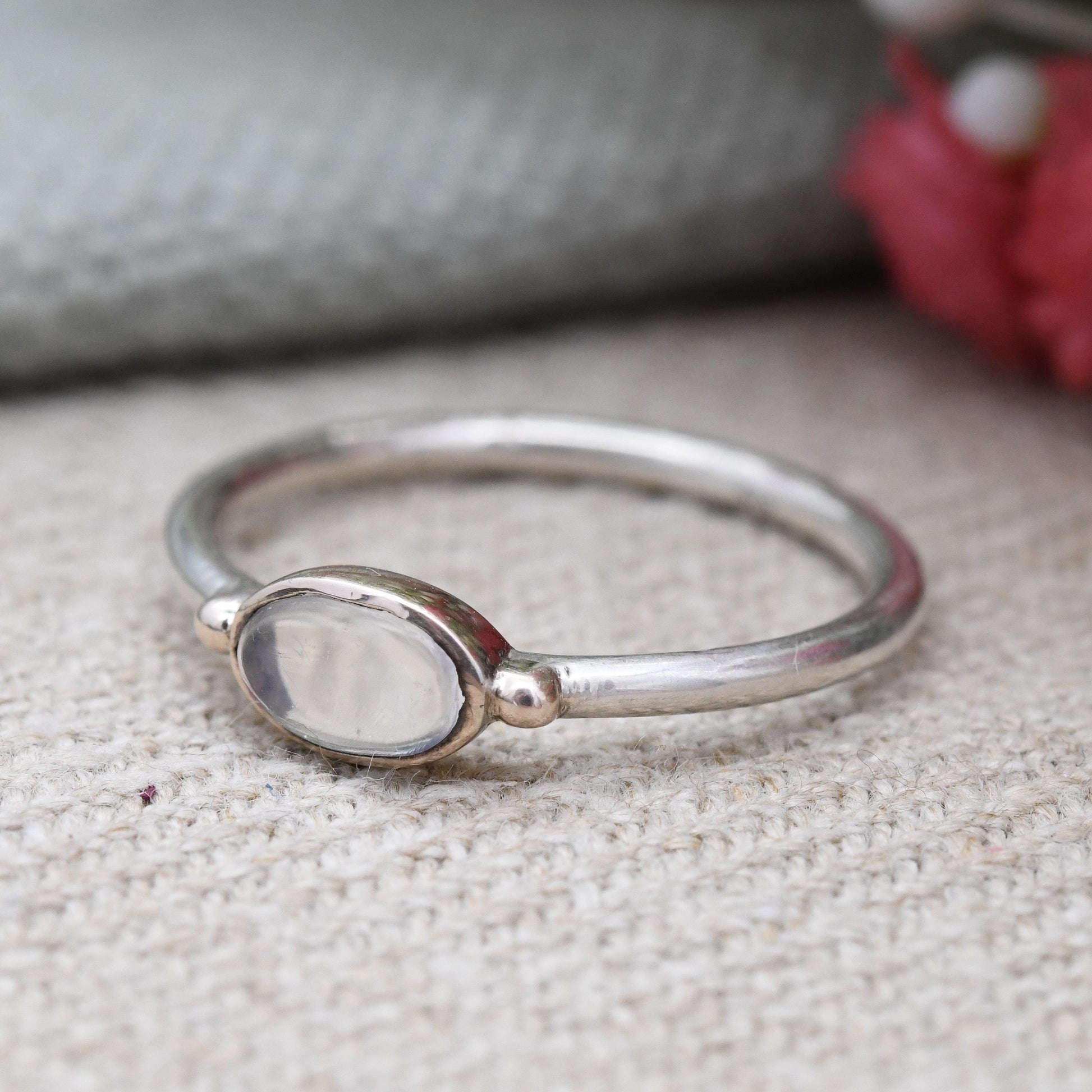 Vintage Sterling Silver Moonstone Ring Gold Plated Balls - Delicate Minimal Design Cabochon Gemstone Stacker | UK Size - N | US Size - 6 3/4