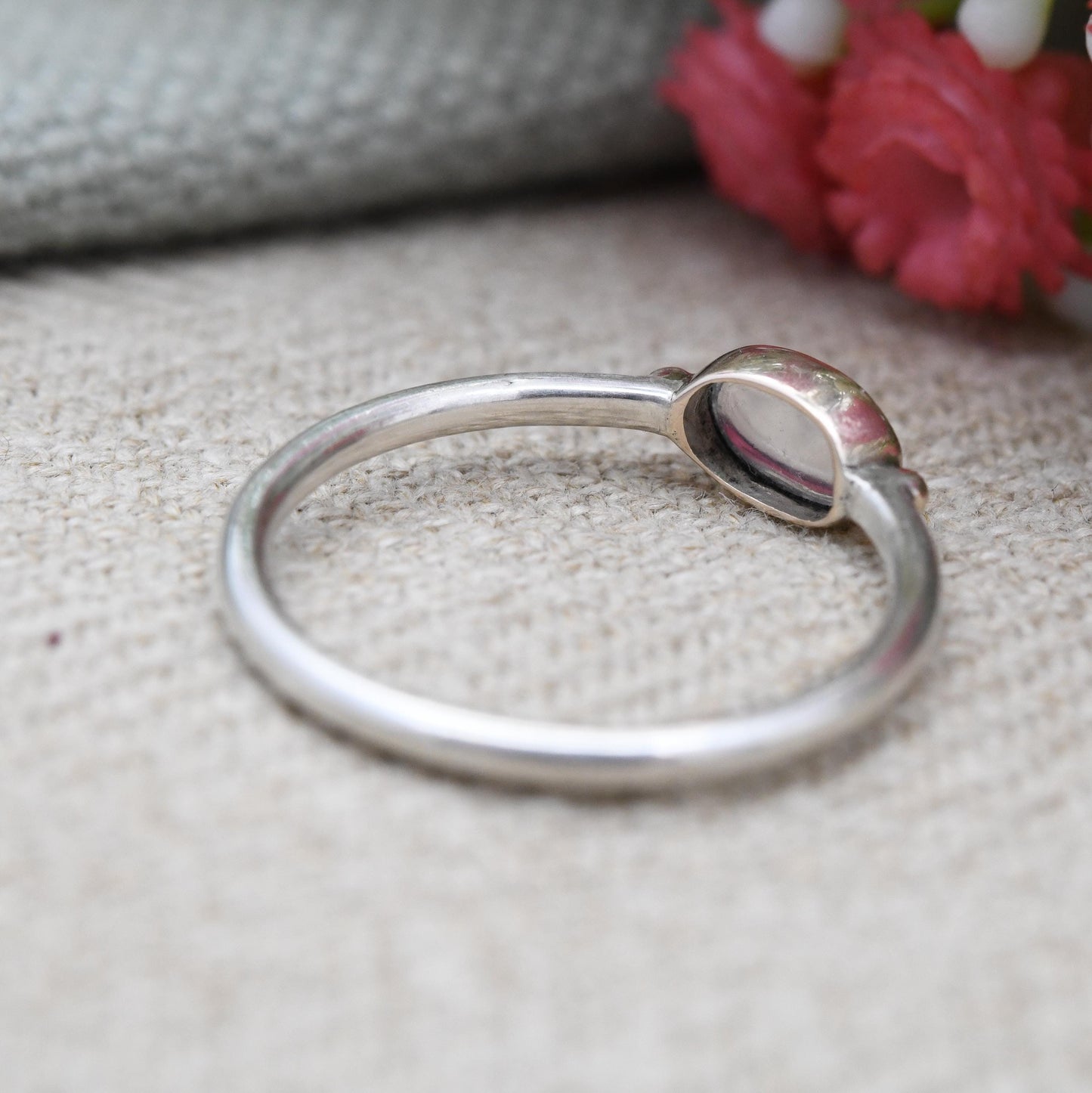 Vintage Sterling Silver Moonstone Ring Gold Plated Balls - Delicate Minimal Design Cabochon Gemstone Stacker | UK Size - N | US Size - 6 3/4