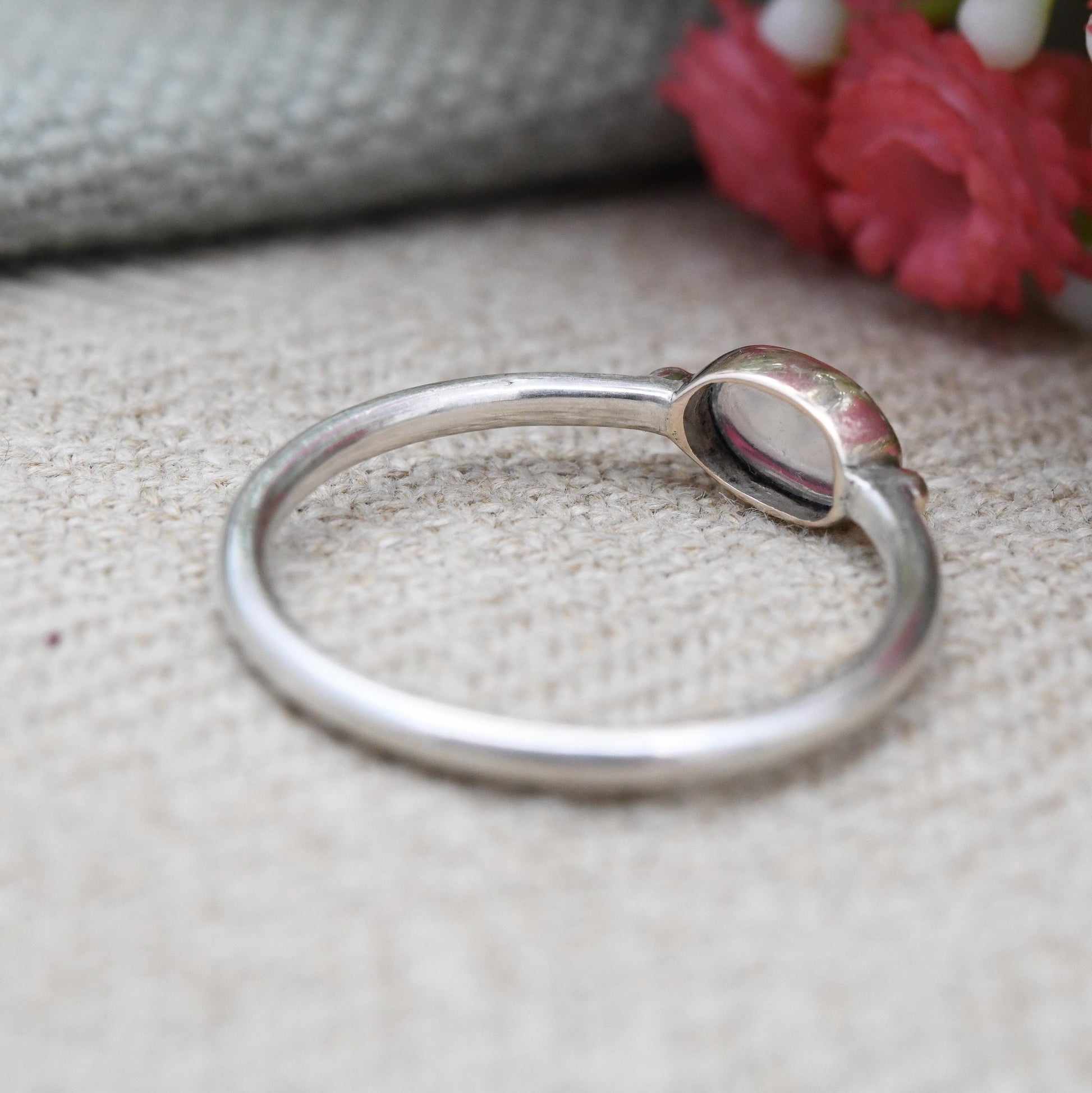 Vintage Sterling Silver Moonstone Ring Gold Plated Balls - Delicate Minimal Design Cabochon Gemstone Stacker | UK Size - N | US Size - 6 3/4