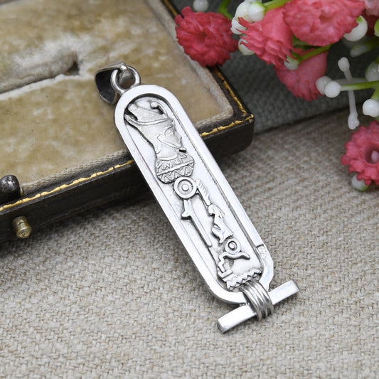 Vintage Egyptian Silver Cartouche Pendant with Hieroglyphs and Pharaoh - Ancient Hieroglyphic Symbols | Mid-Century Egypt Ingot