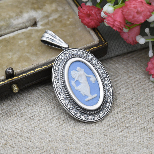 Wedgwood Sterling Silver Goddess Blue Jasperware Pendant 2001 - Sparkly CZ Border Frame Oval Classical Cameo | Designer Made in England
