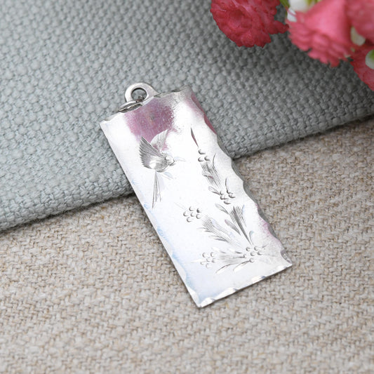 Vintage Sterling Silver Kingfisher Pendant Hand Engraved - Bird in Rush Bulrush | Aesthetic Style Engraving | Mid-Century Rectangle