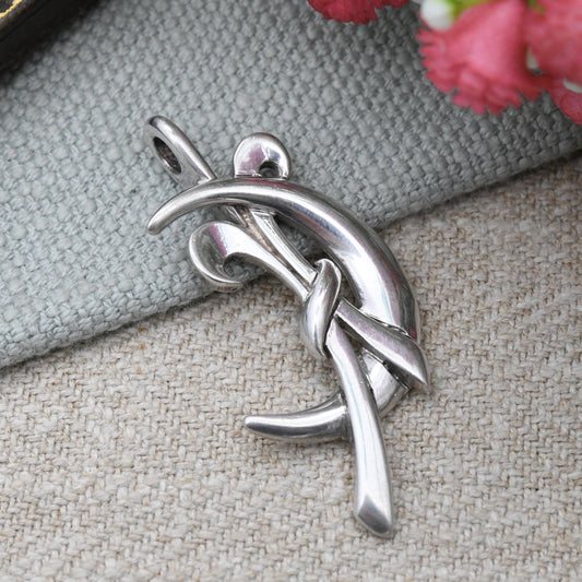 Vintage Sterling Silver Pendant Figural Crescent Moon and Ribbon Design - Abstract Solid Silver Jewellery