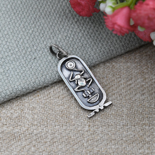 Vintage Egyptian Silver Cartouche Pendant with Scarab Beetle - Ancient Hieroglyphic Symbols Egypt Souvenir | Silver Ingot Charm