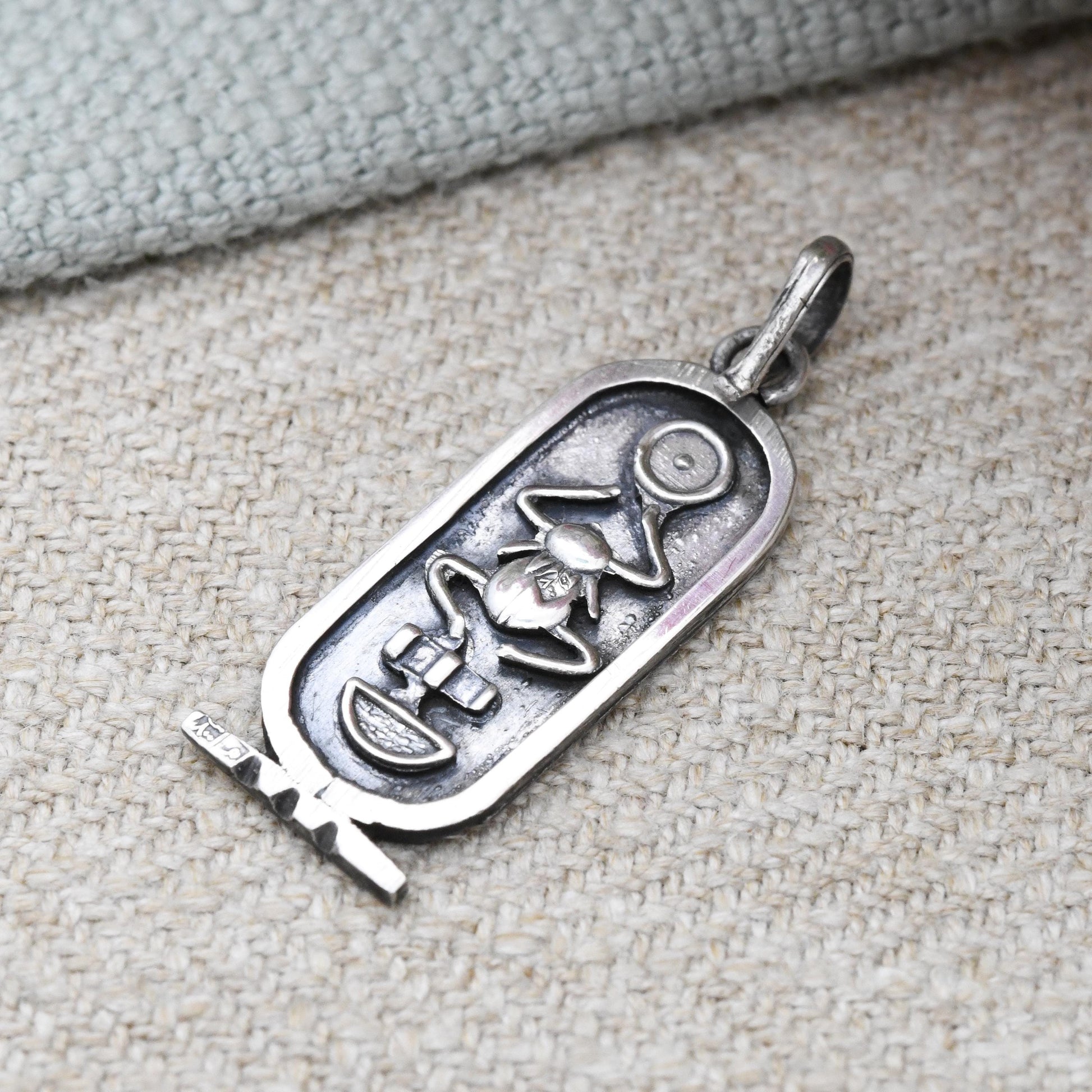 Vintage Egyptian Silver Cartouche Pendant with Scarab Beetle - Ancient Hieroglyphic Symbols Egypt Souvenir | Silver Ingot Charm