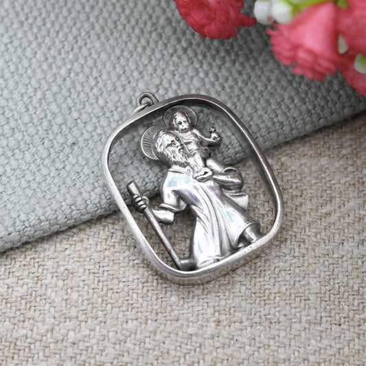 Vintage Sterling Silver St. Christopher Pendant by Kollmar and Jourdan KJ - Chunky Mid-Century Solid Silver Pendant | Gift for Travel Lover
