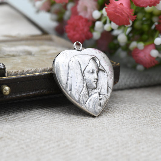 Antique Silver Virgin Mary Heart Pendant with Repoussé Portrait - Vintage Christian Catholic Token | Puffed Love Heart Necklace Charm