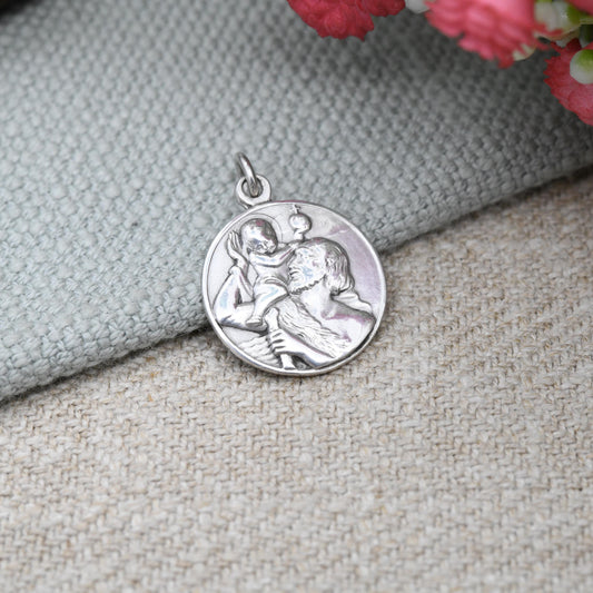 Vintage Sterling Silver St. Christopher Charm Pendant - Small Circle Mid-Century Patron Saint of Travellers | Protect Us | Man Carrying Baby