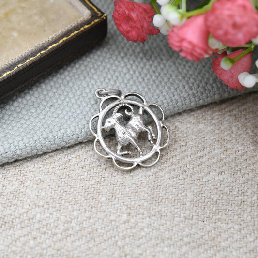 Vintage Sterling Silver Aries Charm Pendant - Ram Goat Astrological Zodiac Star Sign Symbol | c. 1970s Mid-Century March April Birthday Gift