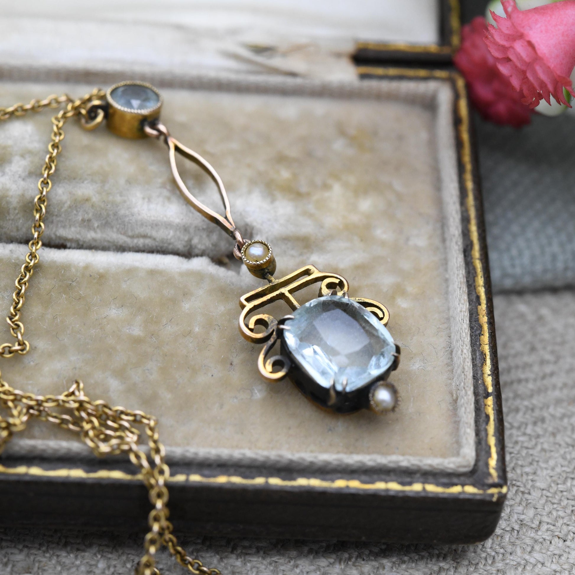 Antique 9ct Gold Aquamarine and Pearl Necklace - Integral Pendant Edwardian Split Pearls Pretty Blue Stone Drop Delicate Gold Jewellery Gift