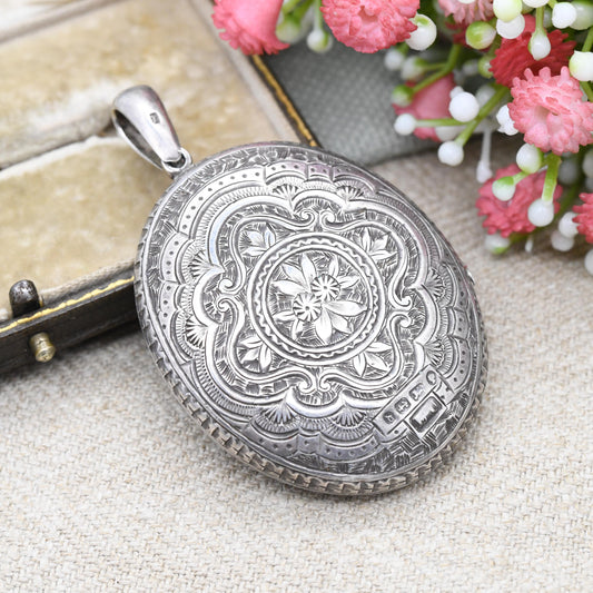 Antique Victorian Sterling Silver Locket 1878 with Hand Engraved Scrolling Design - Rounded Large Oval Flower Pendant Hallmark Solid Silver
