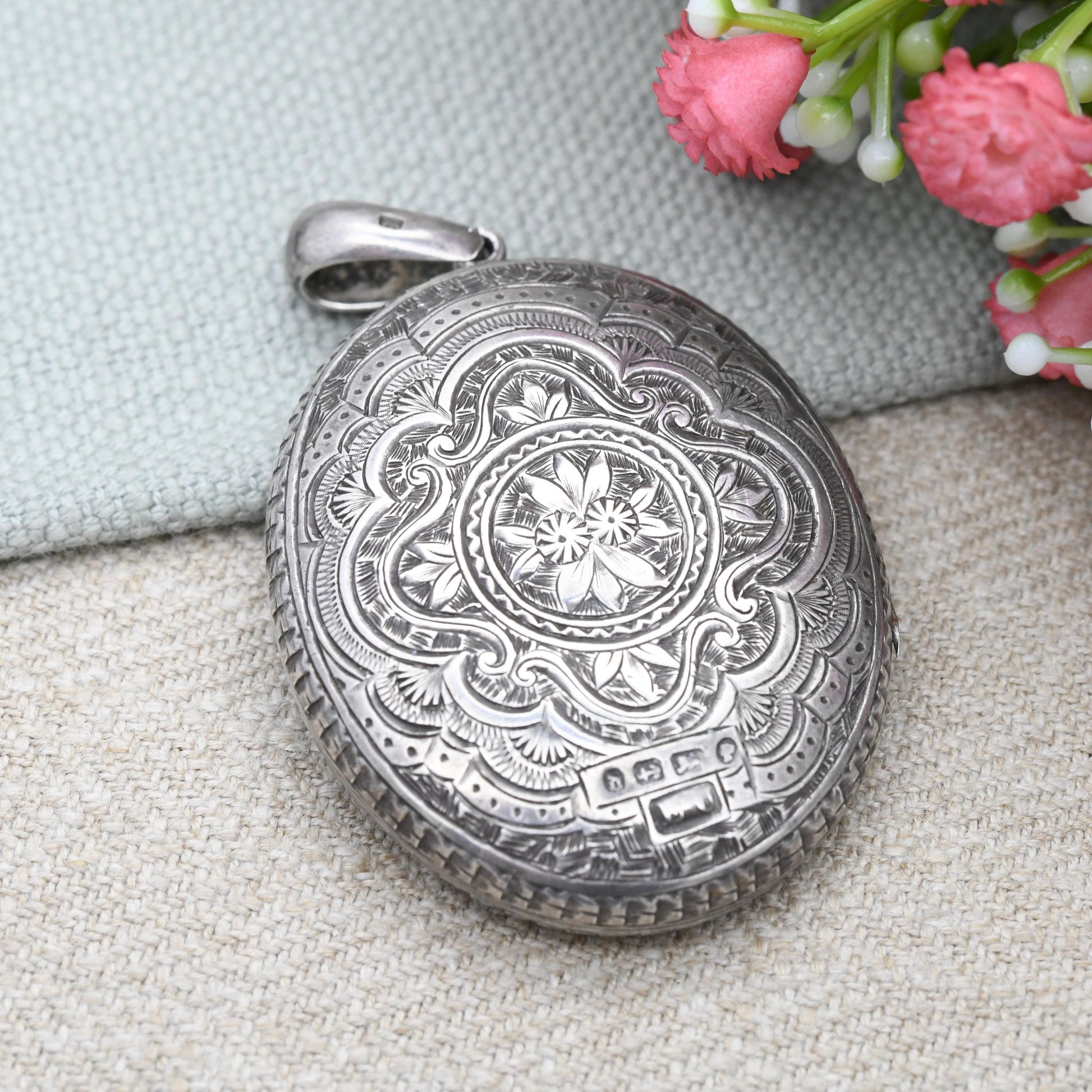 Antique Victorian Sterling Silver Locket 1878 with Hand Engraved Scrolling Design - Rounded Large Oval Flower Pendant Hallmark Solid Silver