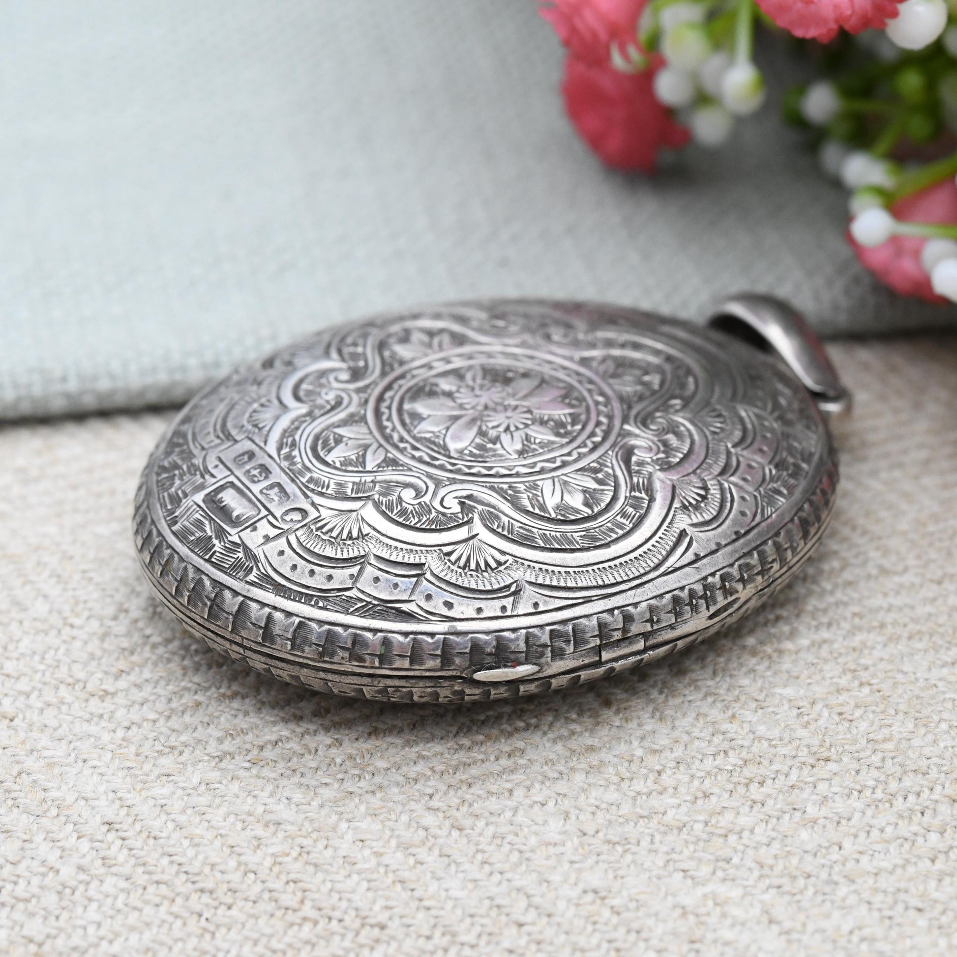 Antique Victorian Sterling Silver Locket 1878 with Hand Engraved Scrolling Design - Rounded Large Oval Flower Pendant Hallmark Solid Silver