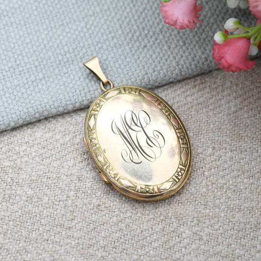 Vintage Rolled Gold Locket Pendant Monogram Initials MEC - Engraved Design Borders Inside | Large Photo Necklace c. 1960s Costume Jewellery