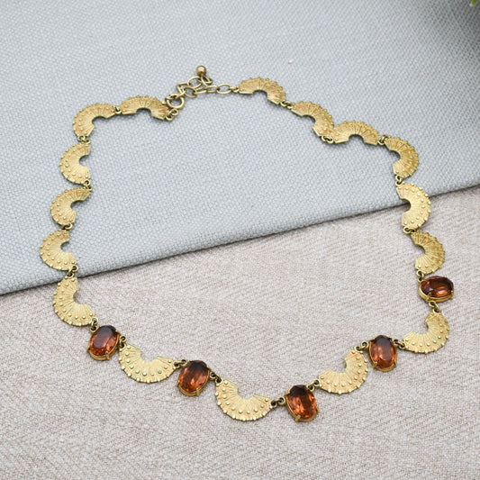 Vintage Kordes and Lichtenfels 14ct Rolled Gold Fan Panel Necklace Brown Stone - Mid-Century Textured Costume Jewellery German Designers K&L