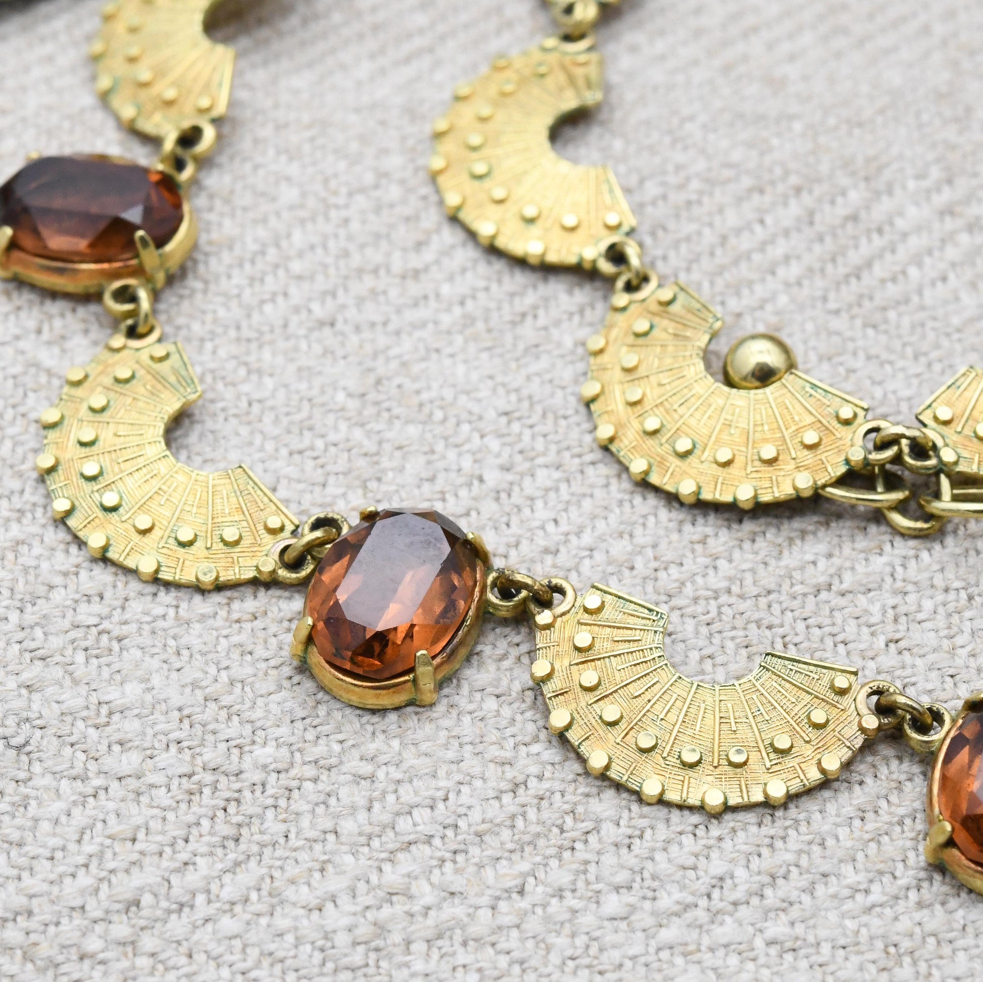 Vintage Kordes and Lichtenfels 14ct Rolled Gold Fan Panel Necklace Brown Stone - Mid-Century Textured Costume Jewellery German Designers K&L