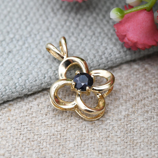 Vintage 14ct Gold Sapphire Flower Pendant - Quatrefoil Cross Shape Solitaire Gemstone | Jewellery Gift for Charm Necklace Stack