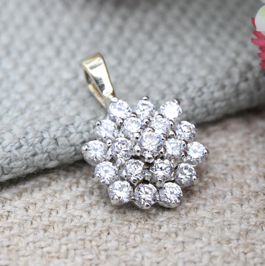 Vintage 9ct Gold Cubic Zirconia Cluster Pendant - Round Sparkly Clear Stones | Charm for Necklace Stack | Jewellery Gift for Her