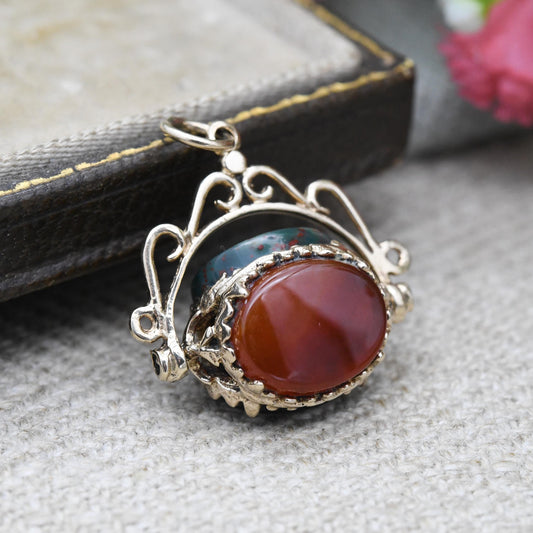 Vintage 9ct Gold Gemstone Spinner Fob Pendant - Antique Style Miniature Spinning Watch Fob Charm Ornate | Onyx Bloodstone Red Carnelian
