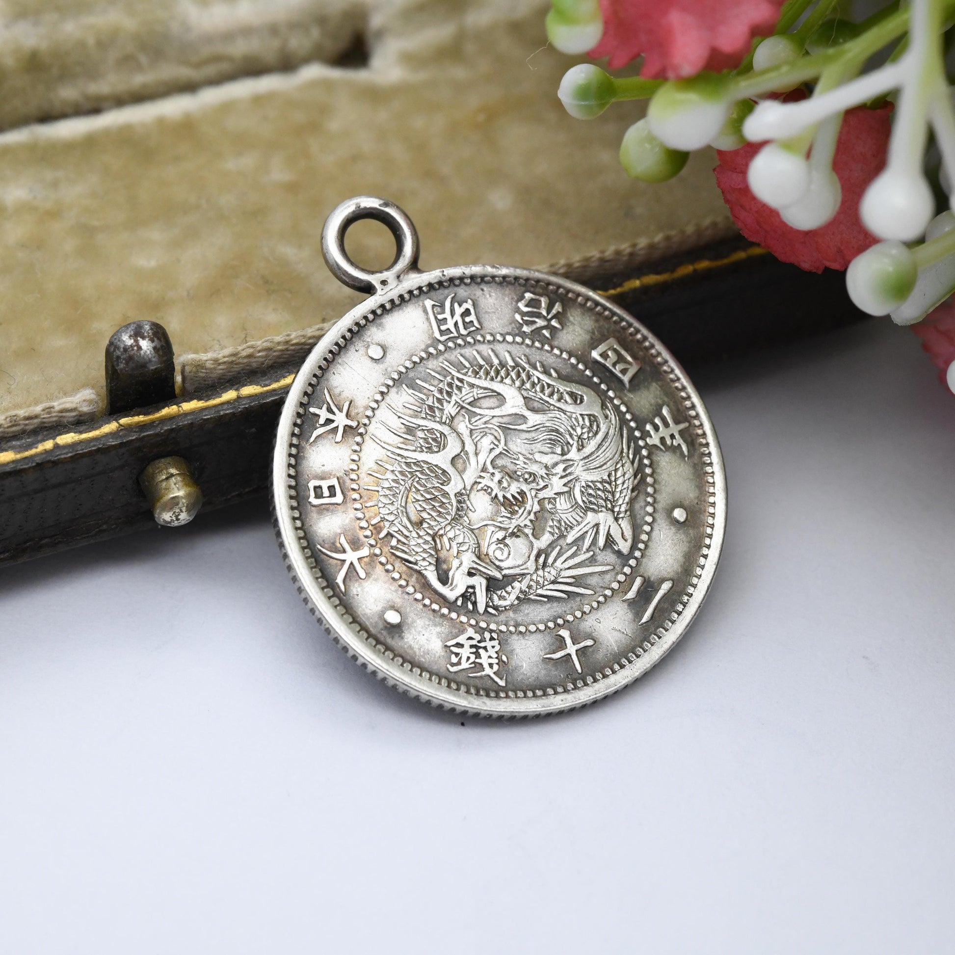 1871 Japanese 20 Sen Coin Silver Charm Pendant Antique Year 4 of Meji - Scarce Silver Coin Jewellery | Extremely Fine XF